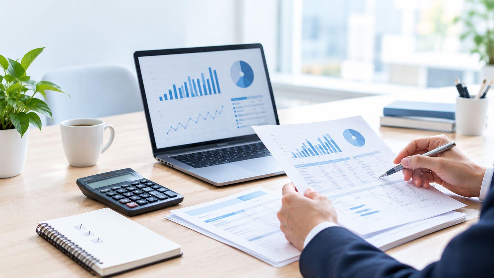 Business professionals reviewing financial reports and invoices to identify financial risks